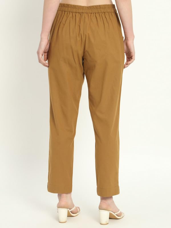Image of Women's Solid Straight Fit 100% Cotton Trousers | High Waist, Side Pockets, Ankle Length Pants for Office, Casual