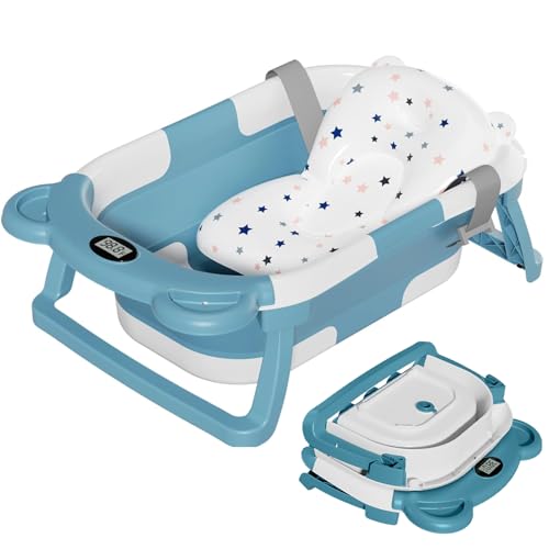 Image of TPN Collapsible Baby Bathtub for Infants to Toddler with Real-time Temp Monitor+Floating Cushion,Foldable Baby Bath Tub Set Applicable 0-36 Month,Perfect Portable Travel Baby Tub for Newborns Boy