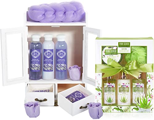 BRUBAKER Cosmetics 2 in 1 Pflegeset Lavendel & Aloe Vera - Großes 15-teiliges Wellness Set - Damen Dusch- und Badeset - Frauen Beauty Geschenkset mit Deko Holzschrank