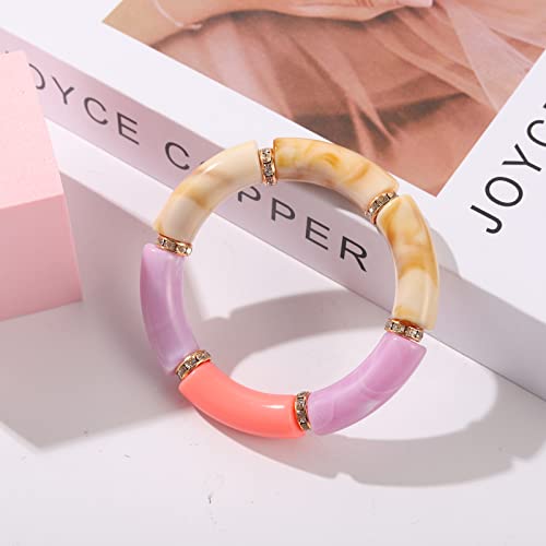 Bamboo Tube Bracelet Chunky Bangle Gold Stacking Bangles Acrylic Clear Stretchable Colorful Beads Friendship Bracelets Gift For Women (colorful rainbow) - Image 6