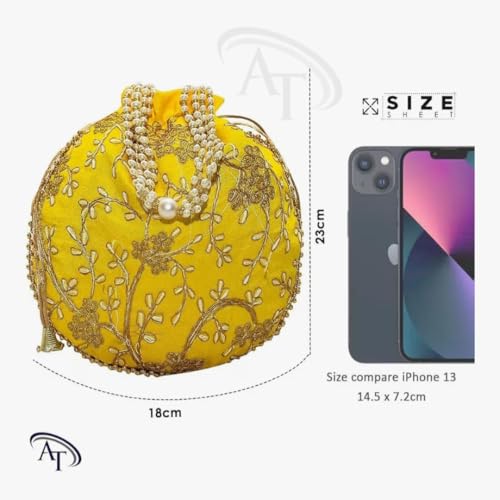 Image of AT Traders Embroidered Potli Bag Pack of 18 | Leaf Floral Design With Moti Handle Batwa Bag | Traditional Shagun Potli for Return Gifts | Ideal for Mehandi, Haldi, Baby Shower, Wedding, Sangeet