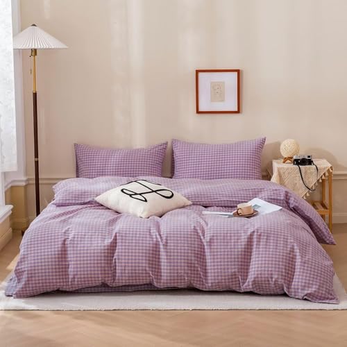 Image of mixinni Purple Gingham Grid Duvet Cover Full, 100% Washed Cotton Modern Geometric Bedding Set with 2 Pillowcases, Farmhouse Style Yellow Plaid Comforter Cover Set for Men & Women, Soft & Lightweight