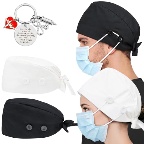 Image of 2 Pcs Satin Lined Scrub Cap Nurse Hats for Women Men 4 Buttons