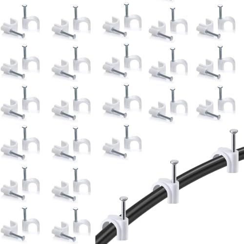 8mm Cable Clips, Cable Wire Clips with Steel Nails | Round Cable Wire Tacks, Steel Nail Line Card Line Buckle for Cat6 / Rg6 / Rg59 /Rj45 Cable, White | 8mm - 100Pcs |
