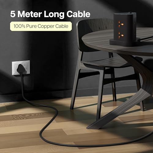 Image of Geonix PowerSpan Fort | Extension Board /Strip, 2500 Watts, 10 Amps, 1x Type C Port, 6X Universal Socket, 2X USB Port, LED Indicator, On /Off Switch, 5mtr Long Pure Copper Cable (Black)