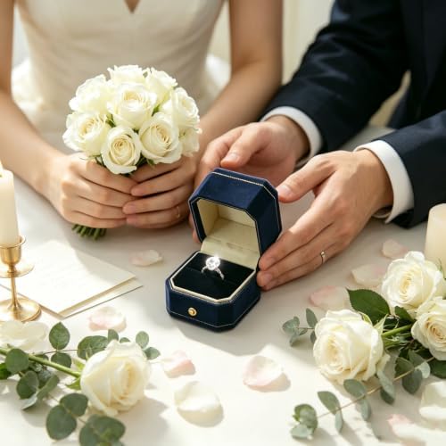 MTJYQYF Velvet Jewelry Ring Box, Octagon Engagement Ring Box Ring Display Holder Case with Hinged Lid for Proposal Engagement Wedding, 2.44x2.44x2.17 IN U2-PRB001-Navy - 5