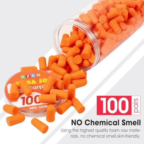Image of AZEN 100 Pairs Ear Plugs Bulk, NRR 32dB Soft Foam Ear Plugs for Sleeping Noise Cancelling, Earplugs for Concerts Shooting Swimming Noise Reduction (Orange)