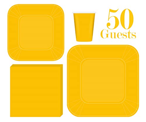 Oojami Serves 50 Complete Party Pack Yellow Square Plates, 9" Dinner & 7" Dessert Square Paper Plates, 9 Oz Cups, 3 Ply Napkins, Baby Shower,Office Parties, Birthday, Festivals, Yellow Party Theme #TOP4