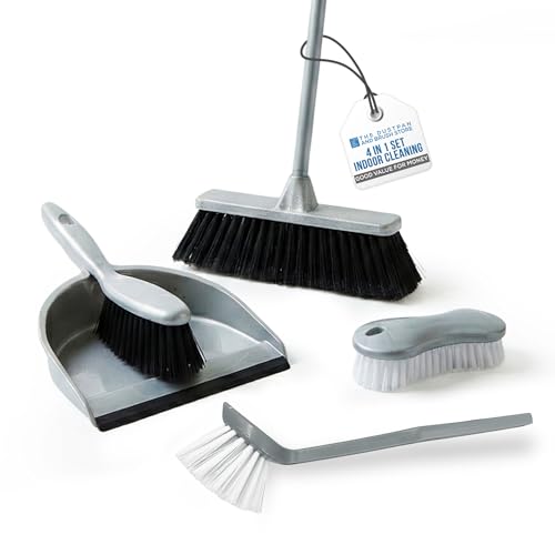 House Cleaning Kit | 4-in-1 Broom and Dustpan Cleaning Set to Keep All Surface of Homes Tidy | Includes Soft Broom Indoor, Dustpan and Brush, Hand Scrubbing Brush, and Dish Brush