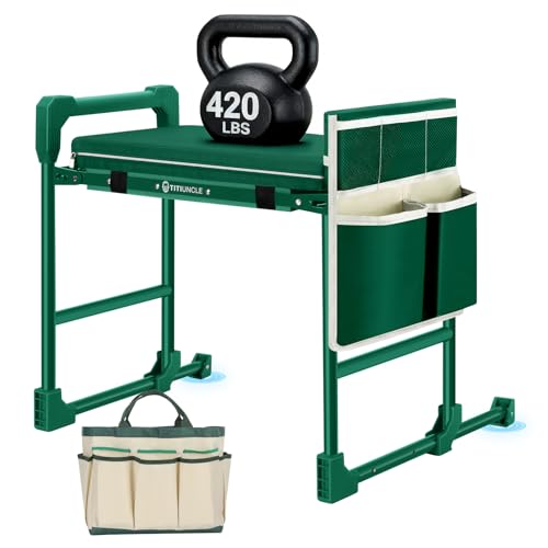 Garden Kneeler and Seat for Seniors: Heavy Duty 420 LBS Support Anti-Tip Multifunctional Gardening Stool Bench with Widened Thick Soft Kneeling Pad &Tool Bag - Foldable for Gardeners