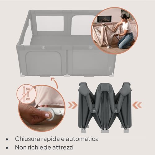 Lionelo Box Bambini 150 X 180 X 75 Cm Florence Easy Fold, Rete Traspirante, Sicuro, Portatile, Facile Da Piegare, 2 Ingressi Con Zip, Per Bambini 0-4 Anni (Grigio, 185 X 151 X 76,5 Cm) - 3