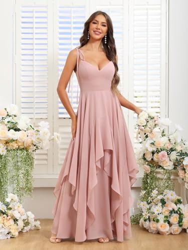 BOLENSYE Women's V-Neck Chiffon Tiered A-Line Bridesmaid Dresses Long Ruffles Formal Evening Party Gown4