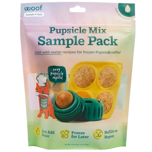 WOOF Pupsicle Mix Sample Pack - Easy-to-Make DIY Pupsicle Refills - Delicious Mix for the Pupsicle Interactive Dog Toy - with Bacon & Cheese Calming Balanced Belly and Dental Mix - 4 Pack Sampler