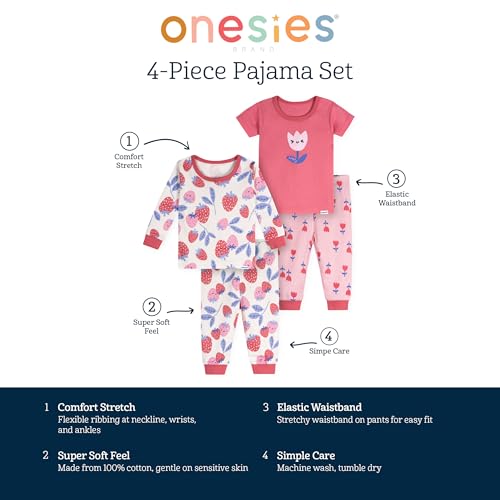 Onesies Brand Baby Girls\' Snug Fit 4-Piece Pajama Set, Berries, 12 Months
