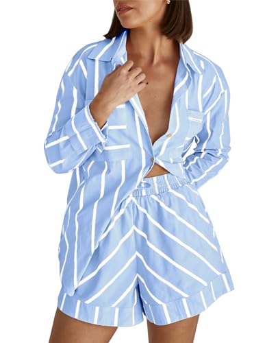 Image of Womens Striped 2 Piece Set Button Down Shirt & High Waist Drawstring Shorts Summer Lounge Matching Outfits