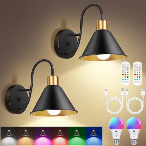 Image of Frideko Rechargeable Wall Sconces Set of Two with Remote, RGB 15 Colors Dimmable Battery Operated Wall Lights for Living Room Bedroom, Indoor Black Wall Lamp with Timer Wireless