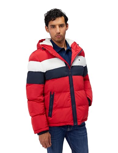 Image of Tommy Hilfiger Men's Classic Hooded Puffer Jacket (Standard and Big & Tall) Down Alternative Outerwear Coat, Red/Ice/Navy Poly Tech, S
