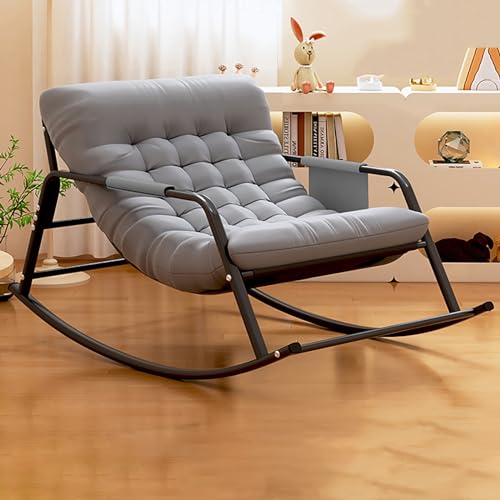 Mecedora ajustable de respaldo alto plegable de metal con cojín acolchado, cómodas sillas mecedoras grises para relajación en interiores y exteriores (90 x 69 x 126 cm)