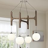 Kvaeavn Farmhouse Wood Chandeliers,4-Light Dining Room Light Fixture Rustic L24” Vintage Hanging Pendant Light,Mid Century Chandelier with Milk Glass Globe Shades for Kitchen Island Foyer Entryway