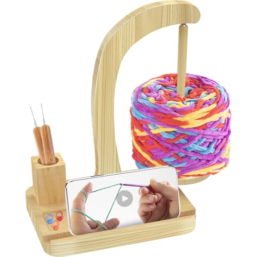 Upgraded Yarn Holder for Knitting and Crocheting,Magnetic Twirling Mechanism Yarn Spinner with Crochet Accessories Storage and Phone Stand,Yarn Ball Holder for Knitting Lovers (Natural Wood Color)