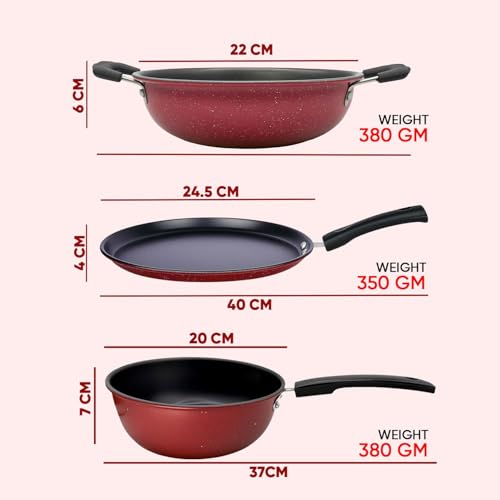 Image of DOZY Non-Stick Cookware Set | Maroon | 3 Piece, Kadai with Tawa and Fry Pan | Fast Heating on Low Flame | Induction cookware Set | Bakelite Handle