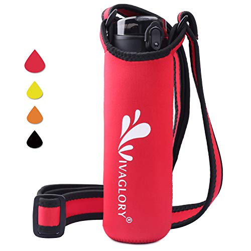 VIVAGLORY Water Bottle Holder, Insulated Neoprene Water Bottle Carrier with Adjustable Wide Shoulder Strap Sling for Walking, Fits Bottle with 7.1-8.2cm Diameter, Red