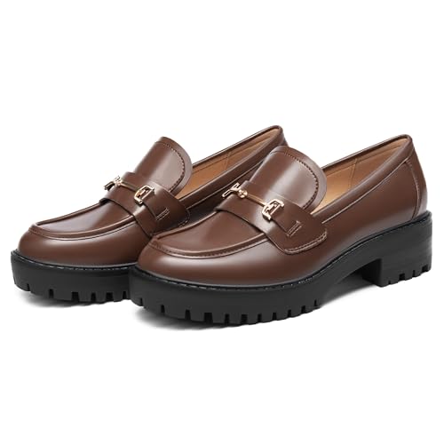 Image of VETASTE Women's Platform Chunky Heel Loafers Slip on Business Casual Shoes | Classic Closed Round Toe, Lug Sole, Work Office Uniform Oxfords, Metal Chain