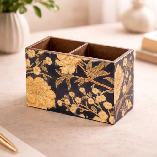 Image of Wooden Cutlery Holder with 2 Sections | Black Floral Design Spoon Stand | Cutlery stand for dining table & Kitchen | Chammach Stand| Cutlery holder for dining table(10 x 16 x 12 cm)