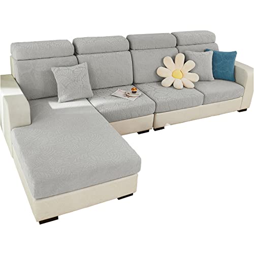 Ajustable Funda Sofa 3 2 1 Plazas Chaise Long, Funda para Sofa Cubre Elástica Resistente al Desgaste, Universal Protector de Asiento Fundas de Cojín (Hojas Gris Claro, Funda para Chaise)