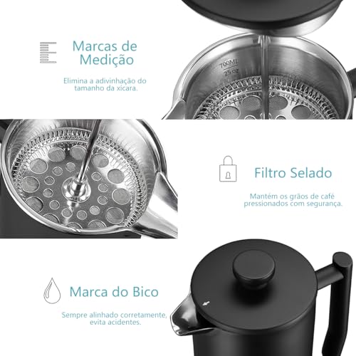 Cafeteira de Prensa Francesa de Aço Inoxidável de 700 ml com Filtro de 4 Estágios e Isolamento Duplo