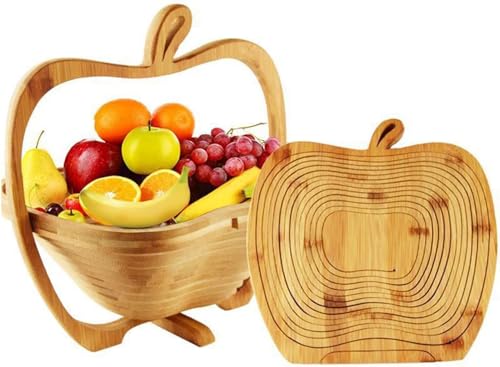 Collapsible Bamboo Wooden Foldable Fruit Apple Basket Bowl with Cutting Board Bamboo Fruit Basket for Kitchen Natural Wood Cutting Board Unique Design