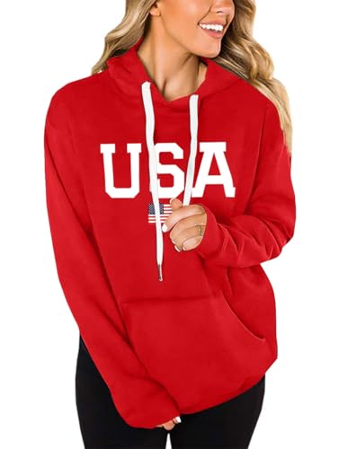 Lacozy Womens USA Sweatshirt Hoodies American Flag Long Sleeve Patriotic Shirt Casual Pullover Sweater With Pocket Red L