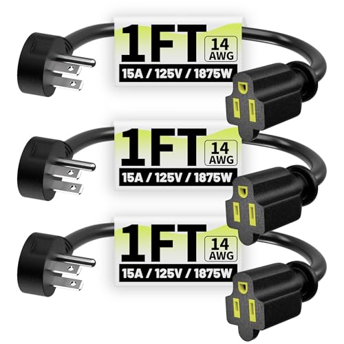 Vockjour 1 FT 3 Pack Black Short Low Profile Flat Plug 14 Gauge Heavy Duty Extension Cord 14AWG 3-Wire Grounded Appliance Extension Cord 15A/125V/1875W SJTW ETL Listed Power Cord