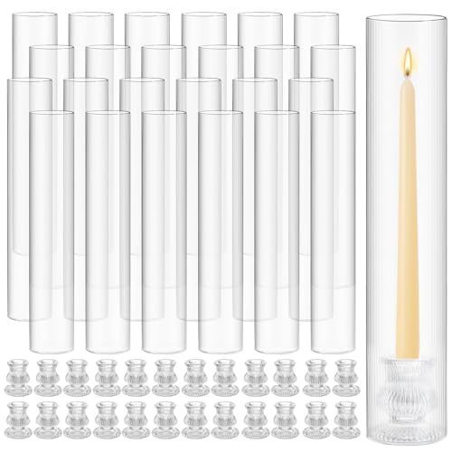 Teenyyou 24 Set Glass Hurricane Candle Holders 11.8" Open Ended Glass Candleholder Tube Shape Bottomless and 2.2" Taper Clear Candlestick Holders for Wedding Party Table Centerpiece (Classic) by Teenyyou - Used condition - Image 8