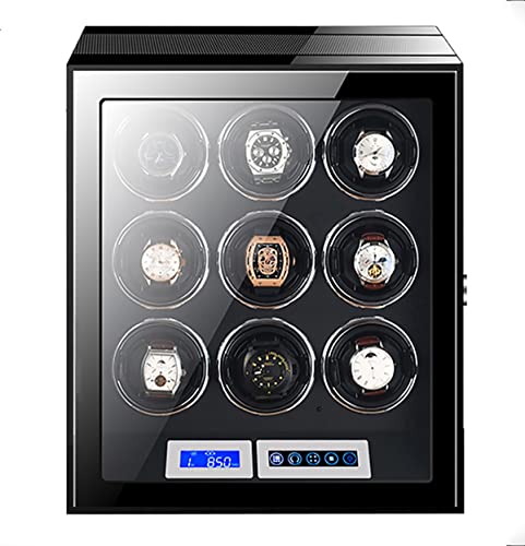 Watch Winder Caja enrolladora de reloj de gran capacidad con pantalla LCD y control remoto Caja de almacenamiento de madera para 9 12 24 relojes Caja giratoria de reloj de cuerda automática para piano