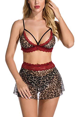 Zhenaly Women's Collared Stretch Lace Bustier and Lingerie Skirt Set, Small
