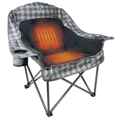 Black Sierra Heated Plush Fleece XL Padded Camping Chair for Adults, Oversized Heavy Duty Folding...