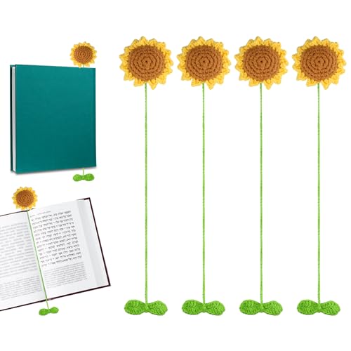 4uds Marcapáginas de Girasol, Lindos Marcapáginas Flores Ganchillo Personalizado Marcapáginas de Punto Hecho a Mano Favores de Lectura Regalo para Amantes de Libros Maestros Mujeres