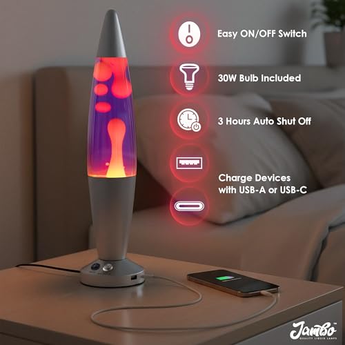 Image of JAMBO Upgraded Motion Lamp - 16 inch Purple Liquid, Yellow Wax - USB Ports, Timer - Night Light for Adults, Teens, Kids - Bedroom, Living Room, Office Decor Lamp