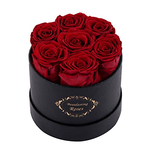 Beaulasting Roses Preserved Roses Box Eternity Roses Long Lasting Roses Gifts for Her Christmas Valentine's Day Mother's Day (Round Black Box, 7 Red Roses)
