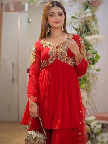 Image of Women Embroidered Ethnic Top Plazo Dupatta Set, Georgette Traditional Outfit for Festive WeddingWear