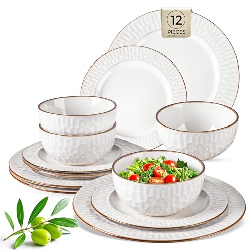 Image of GBHOME Ceramic Dinnerware Sets,12 pcs Embossed Elegant Stoneware Plates and Bowls Sets, Housewarming Wedding Gift | Dishwasher & Microwave Safe | Dishes Set Service for 6