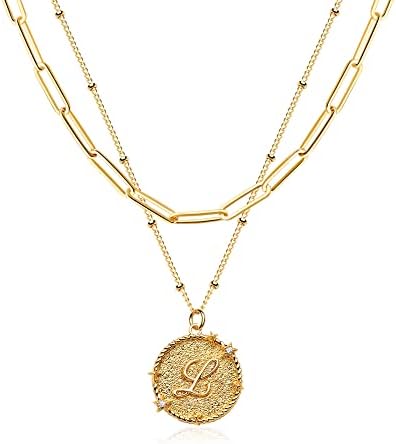 MTMY Dainty Layered Initial Necklaces for Women, 14K Gold Plated Adjustable Paperclip Chain Necklace Personalized Engraved Letter Pendant Choker Necklace for Women Girls Jewelry Gifts Letter L
