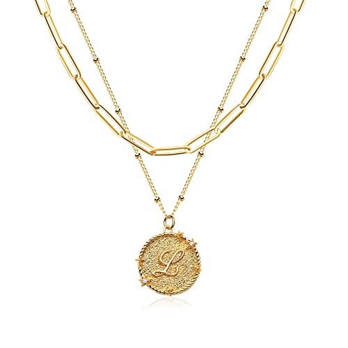 Mtmy Dainty Layered Initial Necklaces For Women, 14K Gold Plated Adjustable Paperclip Chain Necklace Personalized Engraved Letter Pendant Choker Necklace For Women Girls Jewelry Gifts Letter L #TOP6