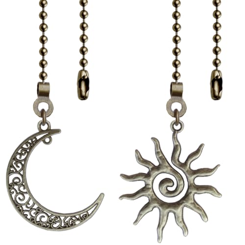 2 Pack Ceiling Fan Pull Chain, Sun and Moon Pull-chain Extension, 12 Inches Celestial Decor Beads Ball Chain Extender with Connectors for Ceiling Fans/Lighting Lamps (Bronze)