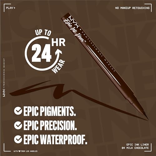 NYX Professional Makeup Epic Ink Eyeliner, Hochpigmentierter Filzstift, Wasserfest, langanhaltender Kajal, Vegane Formel, Einfache Anwendung mit flexiblem Pinsel, Shade: 04 Milk Chocolate