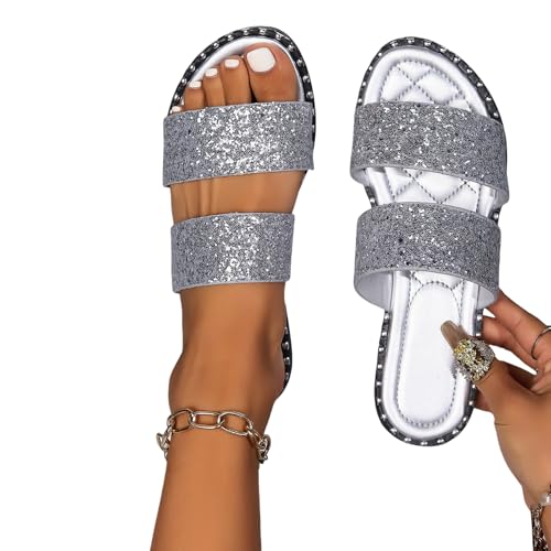 Women's Rhinestone Flat Sandals Summer Casual Fashion Sparkly Slip on Flats Slippers Open Toe Quick Drying Indoor & Outdoor Slides