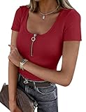 Totatuit Top de Mujer Sexy Manga Corta diseño côtelé Cuello en U con Cremallera Camiseta Ajustada Estilo Moderno y Tendencia Vino Tinto，S