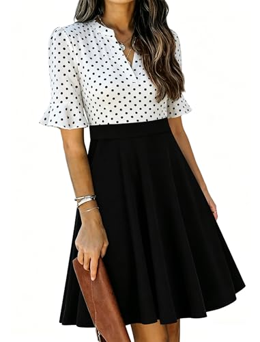 Image of Mokayee Womens Summer V Neck Ruffle Short Sleeve Fit and Flare Knee Length Church Wedding Guest Dresses with Pockets