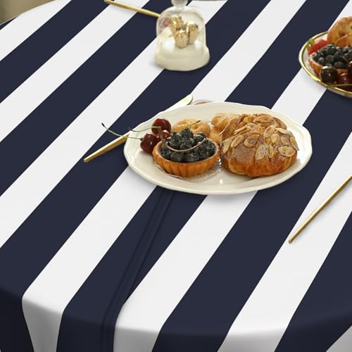 bnhjsdw Navy Blue Strips Print Outdoor Tablecloth with Umbrella Hole for Round Table, Waterproof Navy Blue Patio Table Cloth with Zipper - 60 x 60 inches by bnhjsdw - Used condition - Image 4